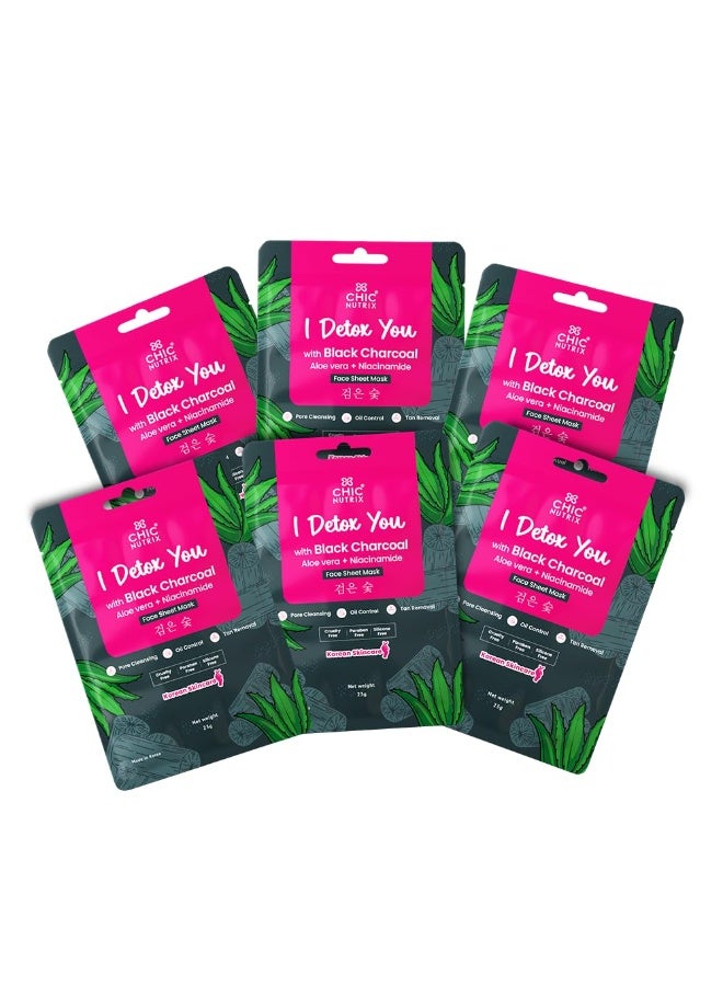 Chicnutrix Korean Black Charcoal Face Sheet Mask – Detoxifying & Pore Tightening (Pack of 6) - Image 1